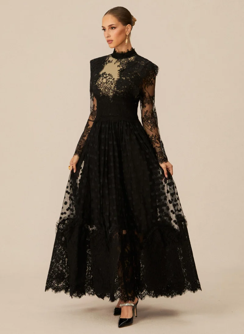 Sunfere Elegant Enchantment Black Polka Dot Lace Maxi Dress